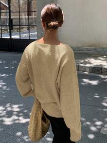 DAZY 女式休闲宽松纯色V领长袖毛衣 - 綠色 - 查看 2