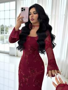 Rafferiza Elegant Burgundy Floral Embroidered Mesh Flare Sleeve High Waist Dress, Suitable For Business Meetings, Weddings, Formal Dinners, Commuting, Graduation Parties, Holidays, Dates, And Parties Long Sleeve Elegant Dress Dresses For Women Elegant Long Bodycon Maxi Dress Women Sexy Elegant Dress - Burgundy - View 4