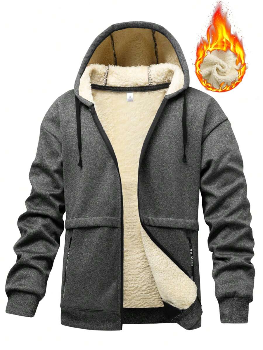 Manfinity Homme 男士保暖内衬休闲通勤简约纯色抽绳连帽拉链保暖长袖外套,秋冬季 - 深灰色 - 查看 1