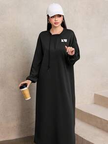 Graceveil Casual Round Neck Drawstring Decor Loose Brown Long Dress For Women, Autumn/Winter - Black - View 7