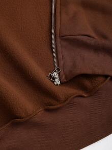 Sweetra Women's Korean Style Brown Cinched Waist Zip-Up Short Sweatshirt, Casual & Sports, Autumn/Winter - Coffee Brown - View 5