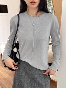 Livesso Áo thun tay dài màu trơn đơn giản, thoải mái khi đi làm, phù hợp cho mùa thu và mùa xuân - Màu xanh bụi bặm - Xem 3