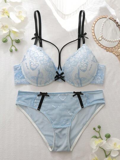 DelicateAllure 2 件套钢圈塑形罩杯提升乳沟增强对比色蕾丝拼布荷叶边花卉蕾丝可爱清新舒适半罩杯文胸套装女士