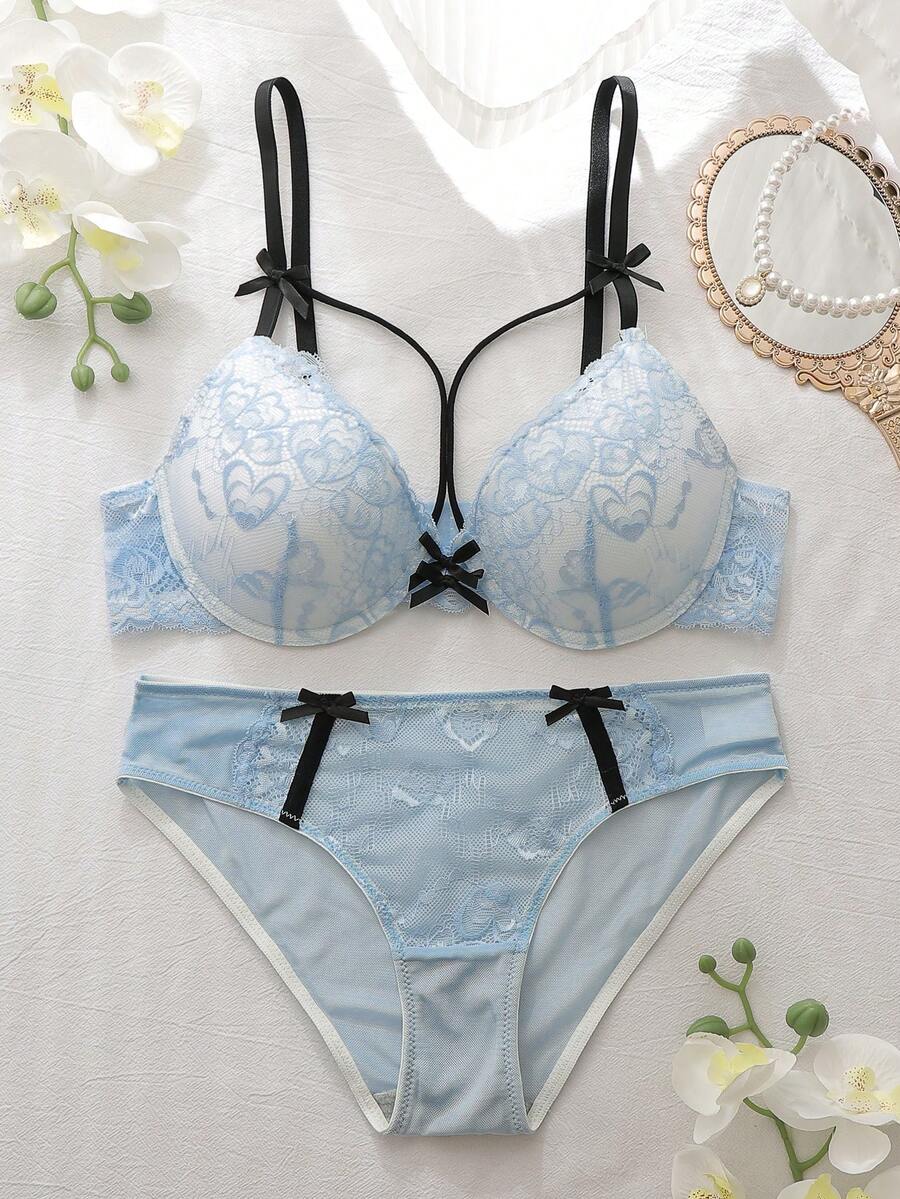 DelicateAllure 2 件套钢圈塑形罩杯提升乳沟增强对比色蕾丝拼布荷叶边花卉蕾丝可爱清新舒适半罩杯文胸套装女士 - 淺藍色 - 查看 1