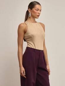 MUSERA Suede Racer Back Thong Back Bodysuit Elegant Autumn Fall  Night Out Work Cute Sexy Spring Summer - Beige - View 3