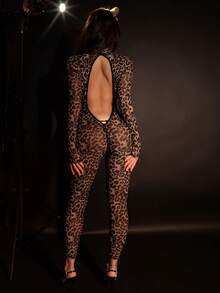 2pcs Sexy Leopard Print Backless Zipper Crotch Fishnet Bodysuit + Headband, Women Lingerie Costume For Party, Music Festival, Vacation - Chocolate Brown - View 2