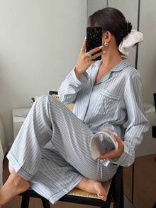 Women's Striped Heart Patchwork Collar Top & Pants Pajama Set Striped Pajama Set Striped Lounge Set Pajamas Set Two Piece Lounge Wear Set Light Blue Pj Set, Winter Clothes - Baby Blue - View 8