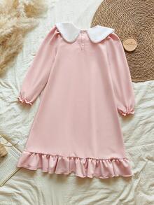 SHEIN Vintaside Kids 女童刺绣彼得潘领长袖公主裙，舒适时尚，适合日常穿着，春秋季 - 粉色 - 查看 2