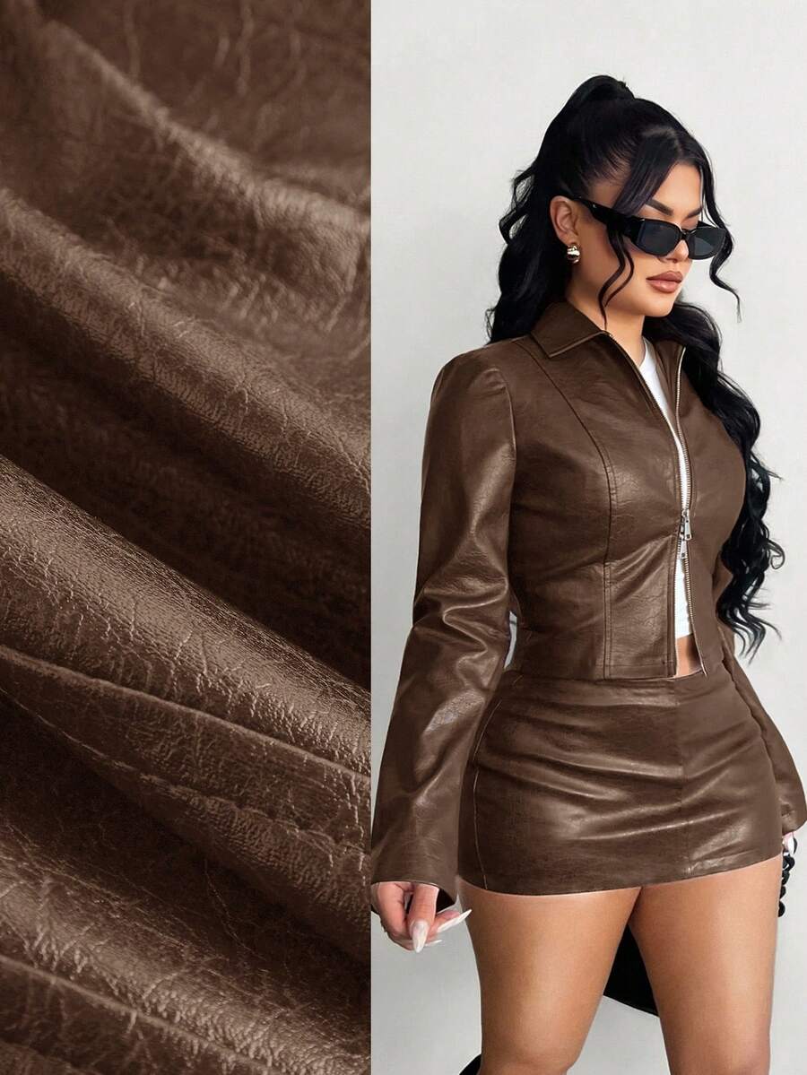 SHEIN SXY 街头风格双面拉链皮夹克 - 棕色 - 查看 1
