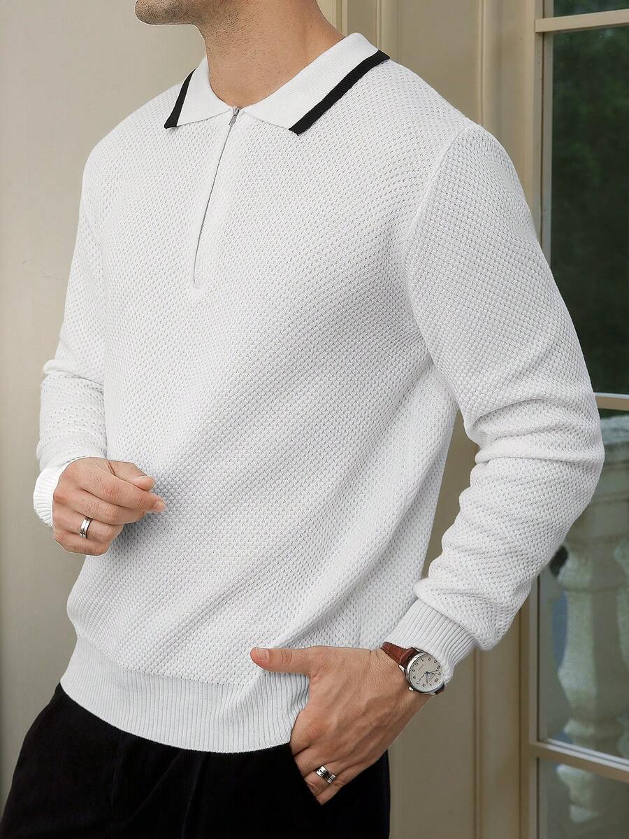 Manfinity Bizformal 男式撞色半拉链休闲长袖套头衫 - 白色 - 查看 1