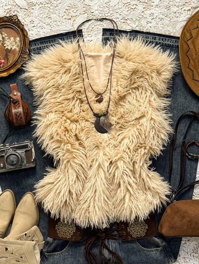 Easelle Áo vest nữ cổ tròn dáng suông phong cách vintage du mục, thoải mái và thời trang, kiểu cao bồi miền Tây, trang phục miền Tây dành cho nữ, phong cách boho cao bồi.