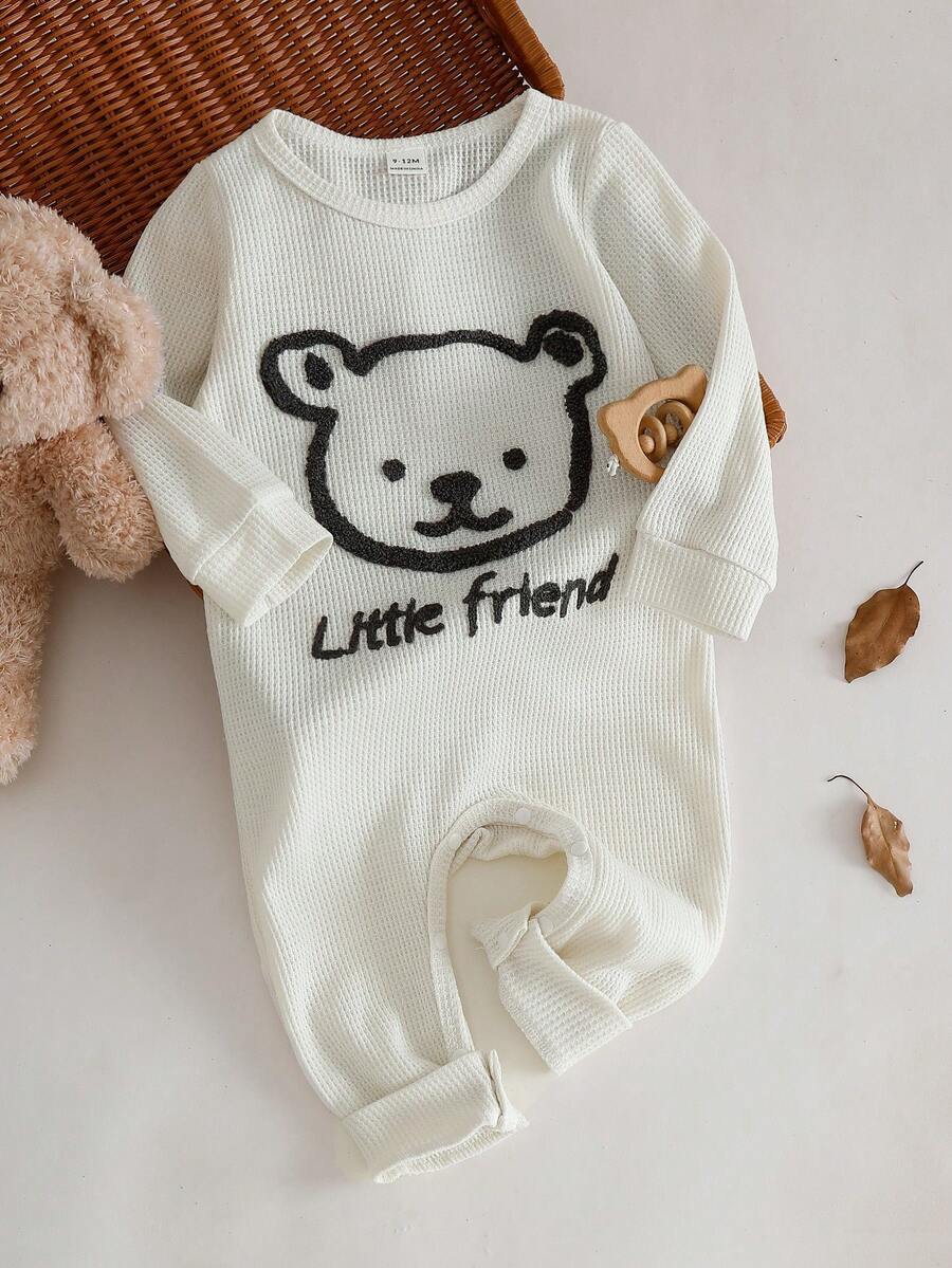 SHEIN 男婴华夫格圆领可爱动物及英文标语刺绣长袖连体衣，秋冬款 - 杏色 - 查看 1