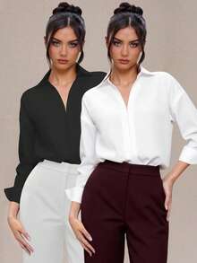 Airaco Women's Elegant Fashion Turndown Collar Long Sleeve Bodysuit, Black & White 2 Pieces Set - Black and White - View 3