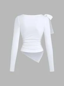 Sweetra Women's New Casual Round Neck Solid Color Coffee Brown Shoulder Tie Bow Decor Asymmetrical Hem Waist Ruched Long Sleeve T-Shirt, Suitable For Commuting And Outings In Spring, Summer And Autumn - White - View 2