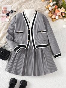 Elladie kids 青少年女孩休闲学院风撞色饰边纽扣前开夹克和迷你裙套装，秋冬 - 灰色 - 查看 3