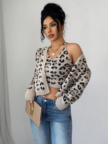SHEIN Elenzya 2 piezas Conjunto vintage elegante de punto, chaleco de cuello halter + cárdigan cómodo, con estampado de leopardo de moda, adecuado para fiestas de otoño/invierno, salidas, viajes y citas - Caqui - Ver 7