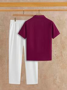 Manfinity NXTstreet 男士休闲华夫格领衬衫和松紧腰裤，适合度假和通勤 - 酒紅色 - 查看 2