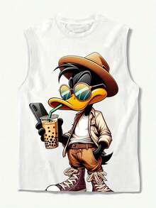 Manfinity Dauomo 男士圆领无袖上衣，夏季时尚 - 白色 - 查看 3