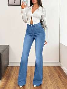 SHEIN Cottnline 98%Cotton Blacl Slim Fit Flared Jeans - Medium Wash - View 5