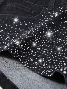 ROMWE Grunge Punk Women's Sexy Super Low Waist Super Skinny Rhinestone Studded Denim Hot Shorts - Black - View 7
