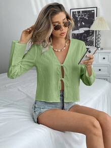 Chiquease 女式纯色系带长袖宽松休闲衬衫，春夏女式衬衫