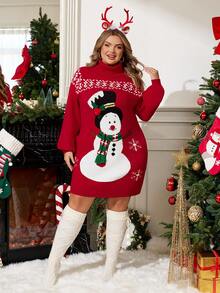 Enliva Vestido de punto con cuello alto y estampado de muñeco de nieve para mujer de talla grande, ideal para la temporada navideña/invierno, para silueta redondeada tipo manzana - Rojo - Ver 8