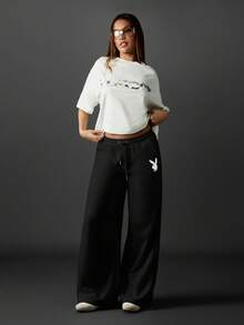 Missguided x Playboy MISSGUIDED Wide Leg Joggers With Drawstring Waist And Logo Detail For Casual Loungewear