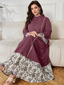 Lacomfia Plus Size Casual Printed Patchwork Long Sleeve Loose Fit Dress, Spring/Autumn - Multicolor - View 1