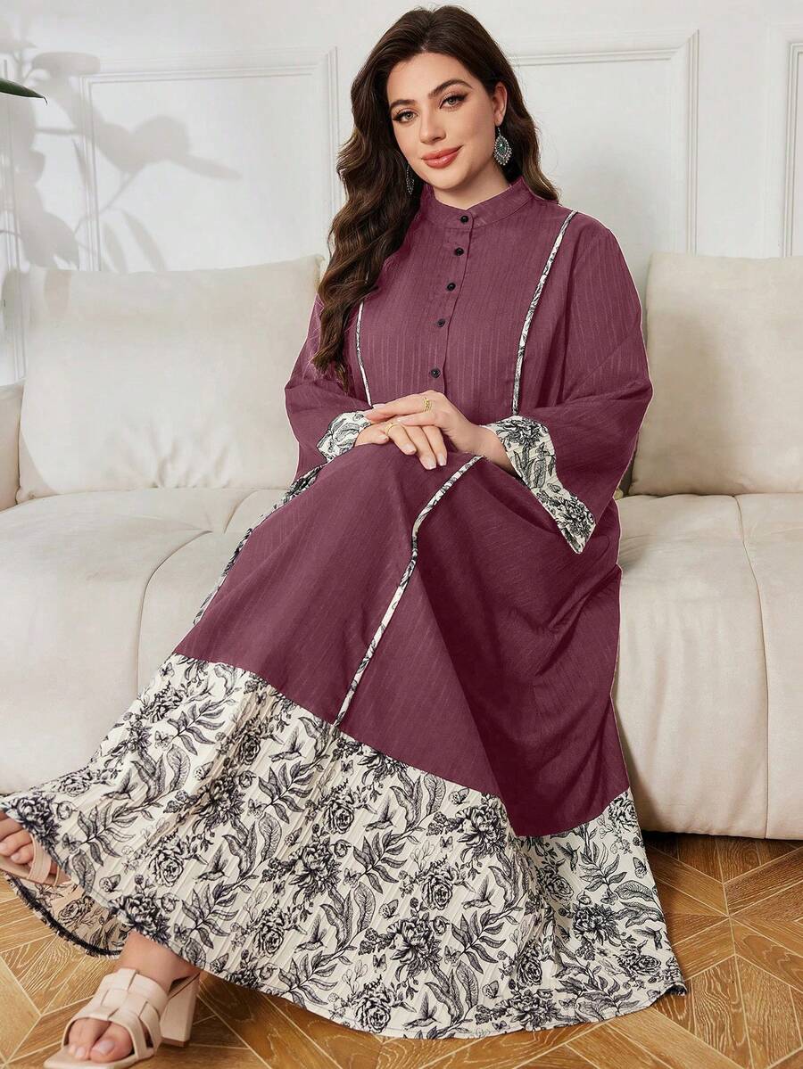 Lacomfia Plus Size Casual Printed Patchwork Long Sleeve Loose Fit Dress, Spring/Autumn - Multicolor - View 1