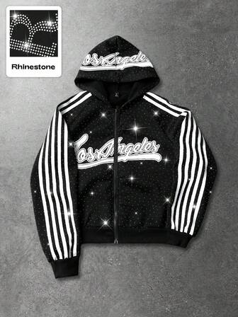 sweat-shirt à capuche zippé casual pour hommes avec patchwork de strass et rayures, automne