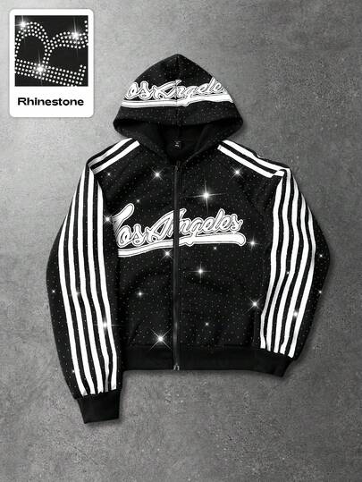 Felpa con cappuccio casual da uomo, con strisce, cerniera e applicazioni di strass, adatta per l'autunno