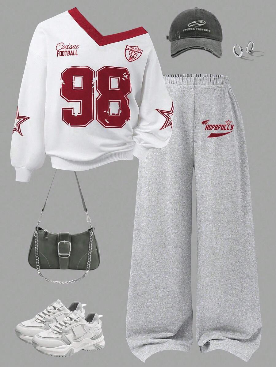 Sparklyn 2 件套女孩休闲时尚街头风格数字和英文字母星星图案 V 领宽松长袖上衣和阔腿运动裤运动套装，日常穿着 - 彩色 - 查看 1