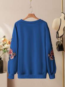 Lacomfia Casual Solid Color Round Neck Patch Sleeve Loose Regular Sweatshirt, Plus Size, Spring/Autumn - Blue - View 2