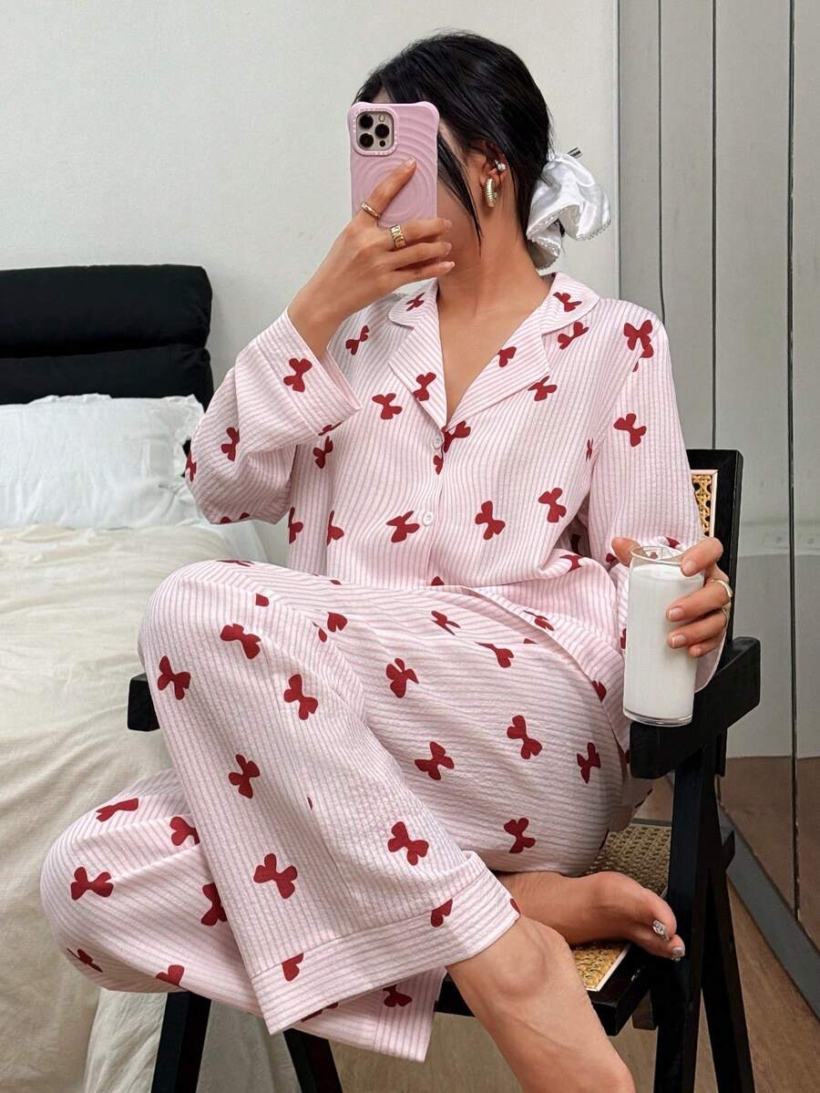 Dream Adore Women's Striped Bow Collar Long Sleeve Pajama Set Striped Pajamas Pajamas For Women Sleepwear Women Pajamas Set Bow Pajamas - Multicolor - View 1