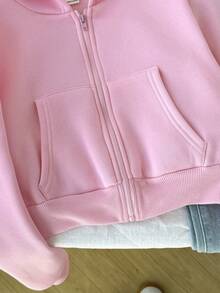 SHEIN Sudadera corta con cremallera para niña preadolescente, estilo callejero casual minimalista y cómodo para uso diario, prenda de abrigo de otoño, vuelta al cole - Rosado Sandía - Ver 3