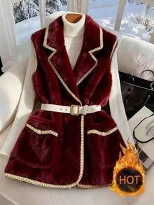 Franclia 新款秋冬时尚女士仿皮草背心 - 酒紅色 - 查看 1