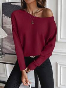 SHEIN LUNE Women's Casual Solid Color Round Neck Batwing Long Sleeve Loose Sweater, Autumn/Winter - Burgundy - View 5