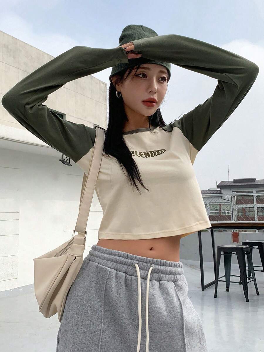 DAZY Colour Block Letter Graphic Raglan Sleeve Crop Tee - Beige - View 1