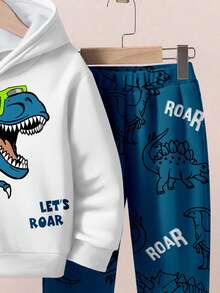 SHEIN Young Boys Casual Loose Comfortable Cartoon Animal Cute Dinosaur Sports Style Graffiti Loose Fit Long Sleeve Hoodie 2 Pieces Set, Suitable For Autumn/Winter Boys Dinosaur Clothes Boys Hoodie And Sweat Pants Kids Hoodies Boys Dinosaur Hoodie And Sweatpants Set Boys Dinosaur Sweatshirt Fall - Multicolor - View 6
