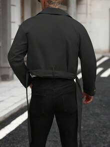 Manfinity Homme Áo khoác dài tay cài nút phía trước có túi đơn giản, thường ngày cho nam, áo khoác ngắn vải nỉ, thích hợp cho bạn bè, chồng, quà tặng bạn trai, mùa thu - màu đen - Xem 2