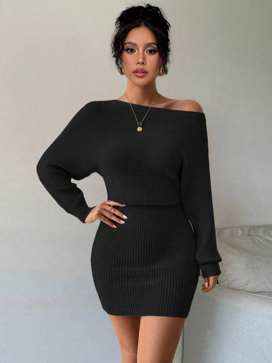 Elenzga Autumn/Winter New Solid Color Cinched Waist Bodycon Knit Dress - Black - View 1