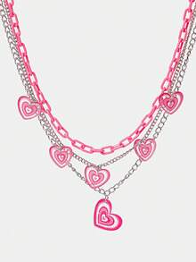 Y2Kool Heart Charm Layered Necklace Valentines - Hot Pink - View 2