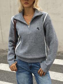 Chiquease Women's Dark Grey Knight Pattern Half-Zip Patchwork Striped Sweater - Dark Grey - View 6