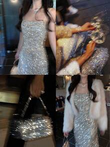 DAZY 女士亮片装饰开衩连衣裙，适合派对、生日、舞会等场合，闪亮礼服 - 銀色 - 查看 4