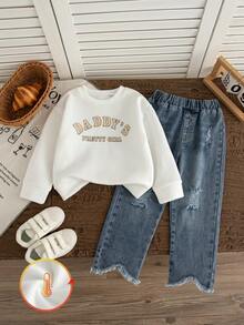 2 件套年轻女孩秋季长袖运动衫和破洞阔腿牛仔裤休闲装，时尚街头服饰 - 彩色 - 查看 4