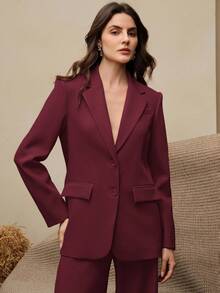 Anewsta 2 件套女士西装套装，复古风格西装外套 + 直筒裤，美拉德色 - 酒紅色 - 查看 8
