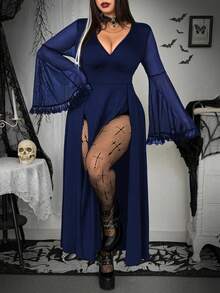 Whyspr Đầm dài tay loe cổ chữ V tay dài phối ren lưới chắp vá thanh lịch cổ điển dễ thương gợi cảm phong cách Punk Goth dự tiệc Halloween cỡ lớn có đường xẻ đôi dành cho nữ - Màu xanh lam - Xem 4