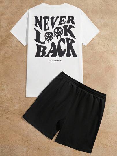 Ensemble d'été pour homme avec t-shirt graphique avec slogan et dessin animé, et short à cordon de serrage à la taille