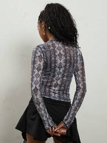 COUREZ Long Sleeve Fitted Semi Sheer Mesh Top In All Over Print /Y2K Fall Winter Going Out Tops Going Out Party Party Top New Year Sexy - Dark Grey - View 3