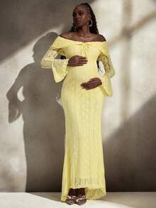 Cheriluna Maternity 优雅露肩白色蕾丝长袖美人鱼长裙，适合婚礼、派对、孕妇写真、婴儿洗礼 - 黃色 - 查看 1